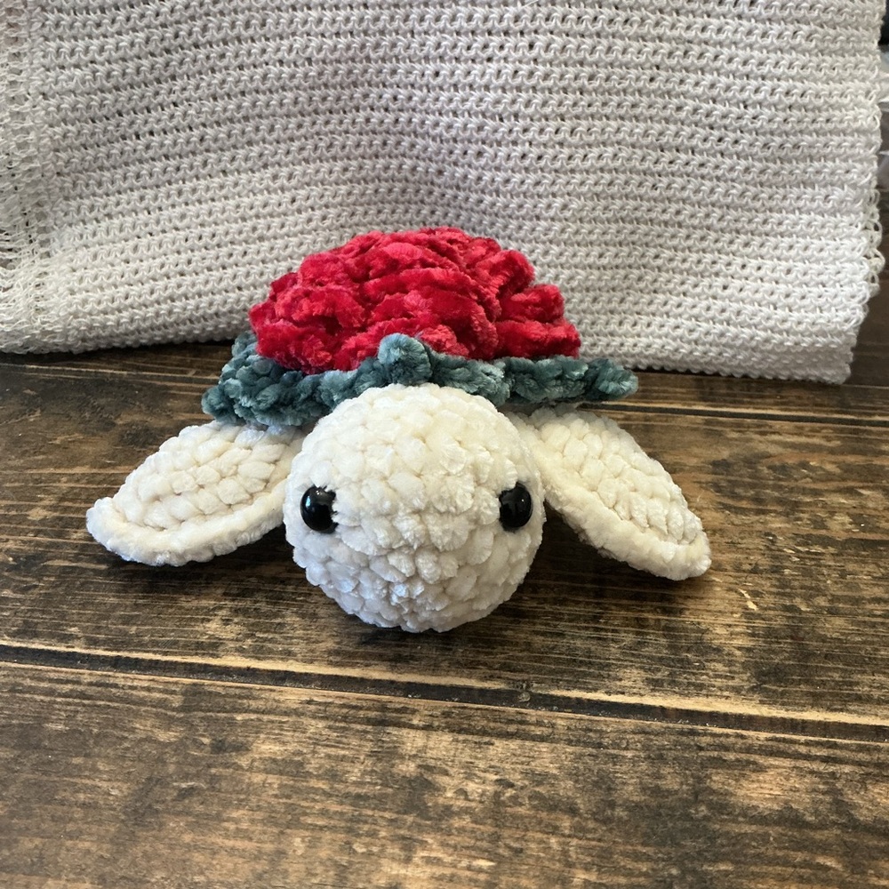 Crochet Plush Turtle Stuffed Animal - White and Red